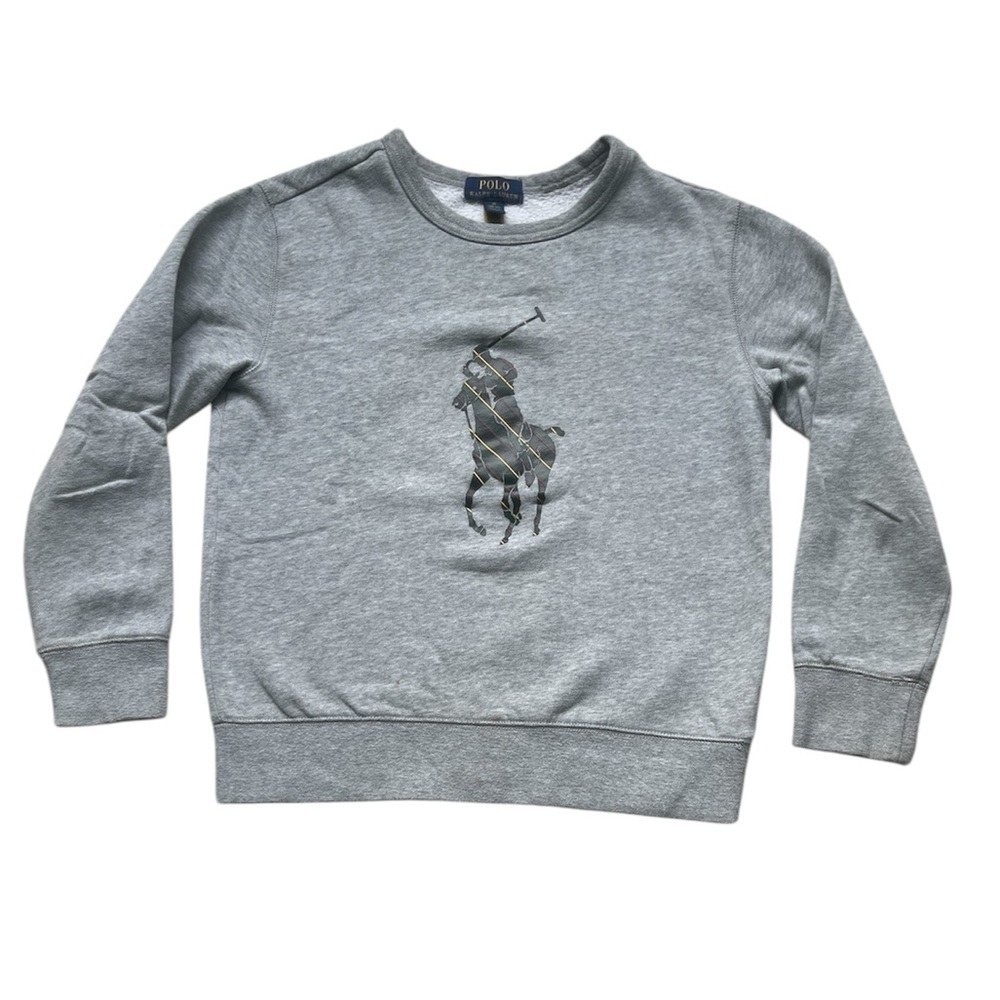 Polo Ralph Lauren Boys’ Grey Sweatshirt with Plaid Tartan Pony Logo Size Medium